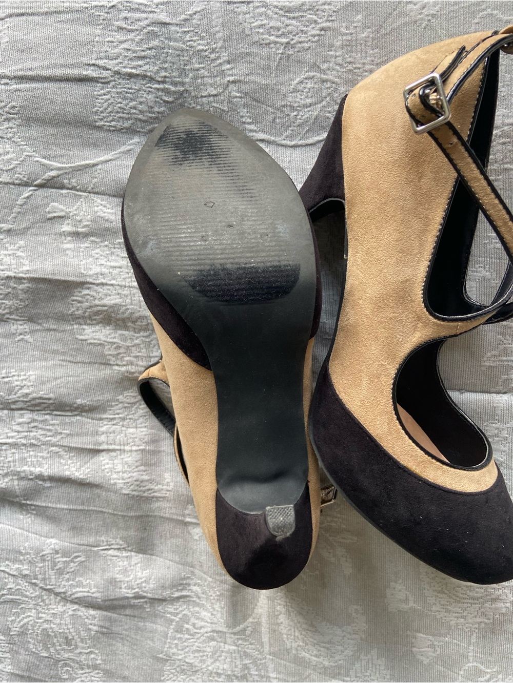 Mary Jane Two-Tone Black and Tan Suede High Heels - Picture 6 of 7